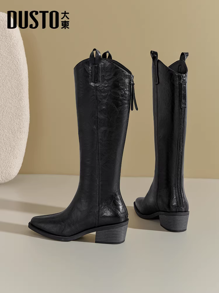 Giày bốt cao cổ đen Dadong dành cho nữ, mẫu mới thu đông 2025, giày cao gót, kiểu ôm sát, mũi nhọn, kiểu dáng cao cổ.