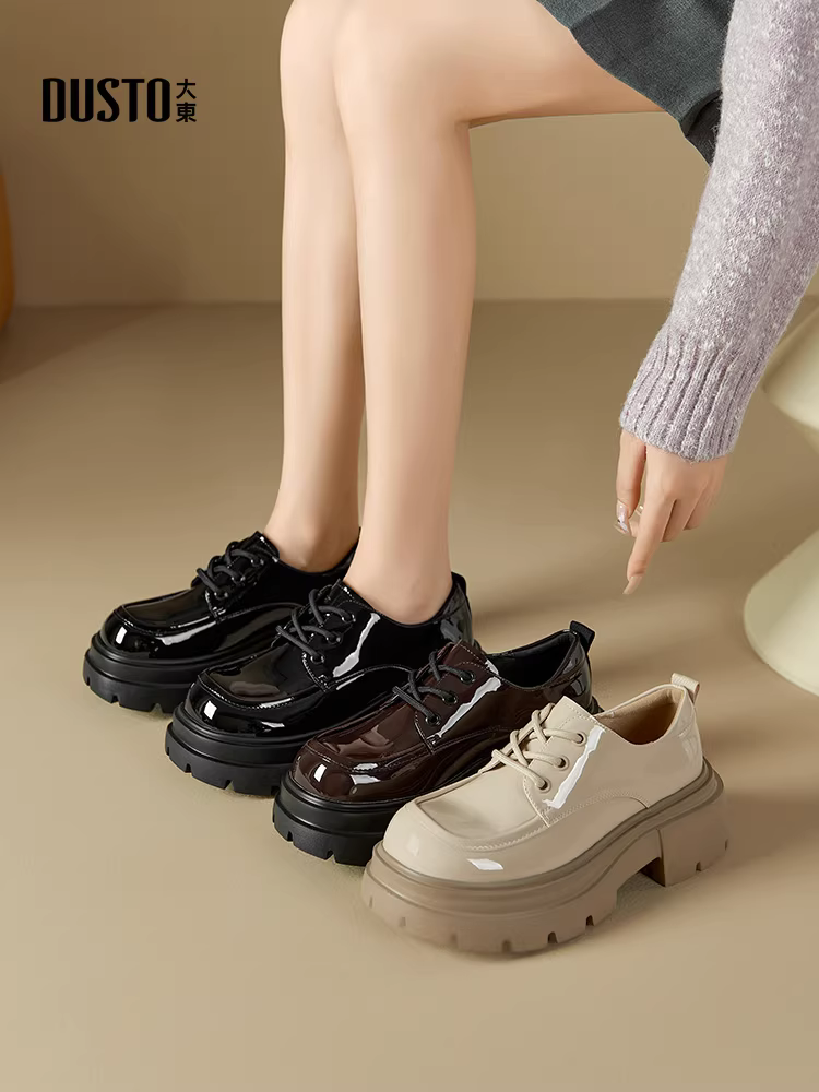 Giày da nữ đế dày buộc dây kiểu mới thu đông 2025 dành cho nữ dáng nhỏ, giày lười da bóng kiểu Anh tăng chiều cao đa năng