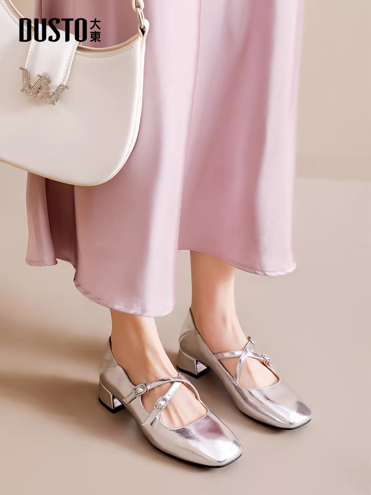 Giày cao gót Mary Jane kiểu Trung Quốc mới mùa thu 2025, mũi vuông, khóa bạc Dadong dành cho nữ
