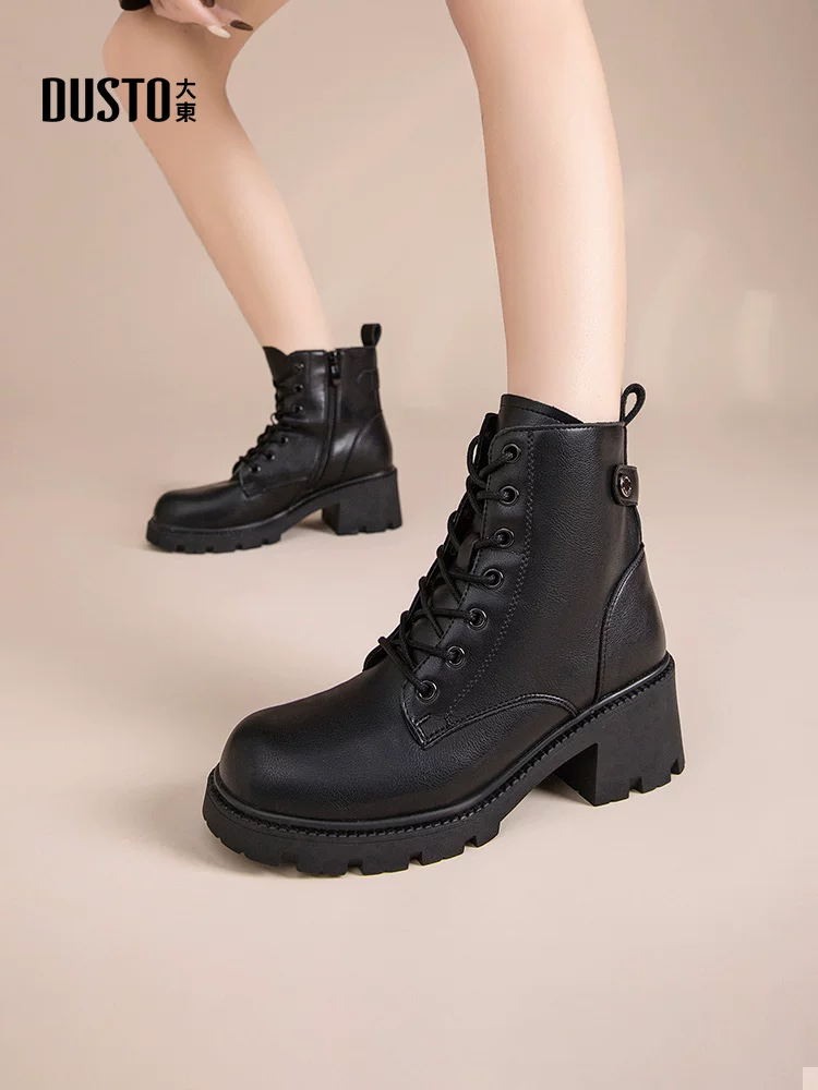 Giày bốt Martin lót lông Dadong dành cho nữ, mẫu mới mùa đông 2025, phối hợp với áo khoác, kiểu Anh, đế dày, màu đen.