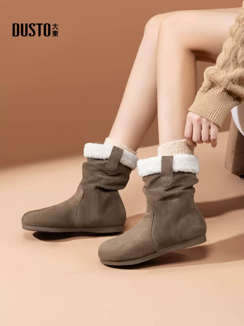 Giày bốt đi tuyết đế dày lót lông cừu Dadong dành cho nữ, giày kiểu Birkenstock mùa đông mới 2025, bốt ngắn đi tuyết màu nâu, giày cotton ấm áp.