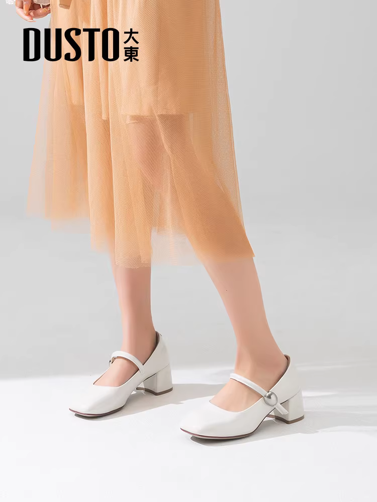 Giày cao gót đế thô màu trắng Dadong dành cho nữ, kiểu mới mùa thu 2025, giày nữ kiểu Pháp, miệng giày nông, mũi vuông, kiểu Mary Jane
