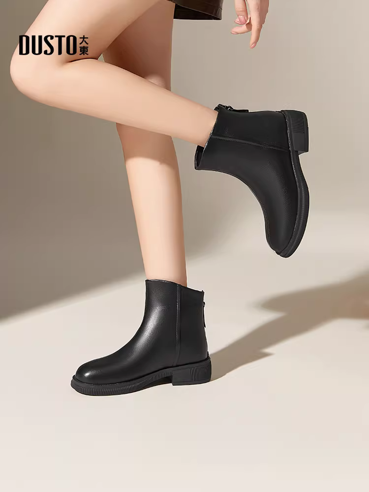 Giày bốt ngắn màu đen Dadong dành cho nữ, mùa thu đông 2025, kiểu mới đế dày lót lông, giày bốt da nữ, giày Chelsea, giày Martin.