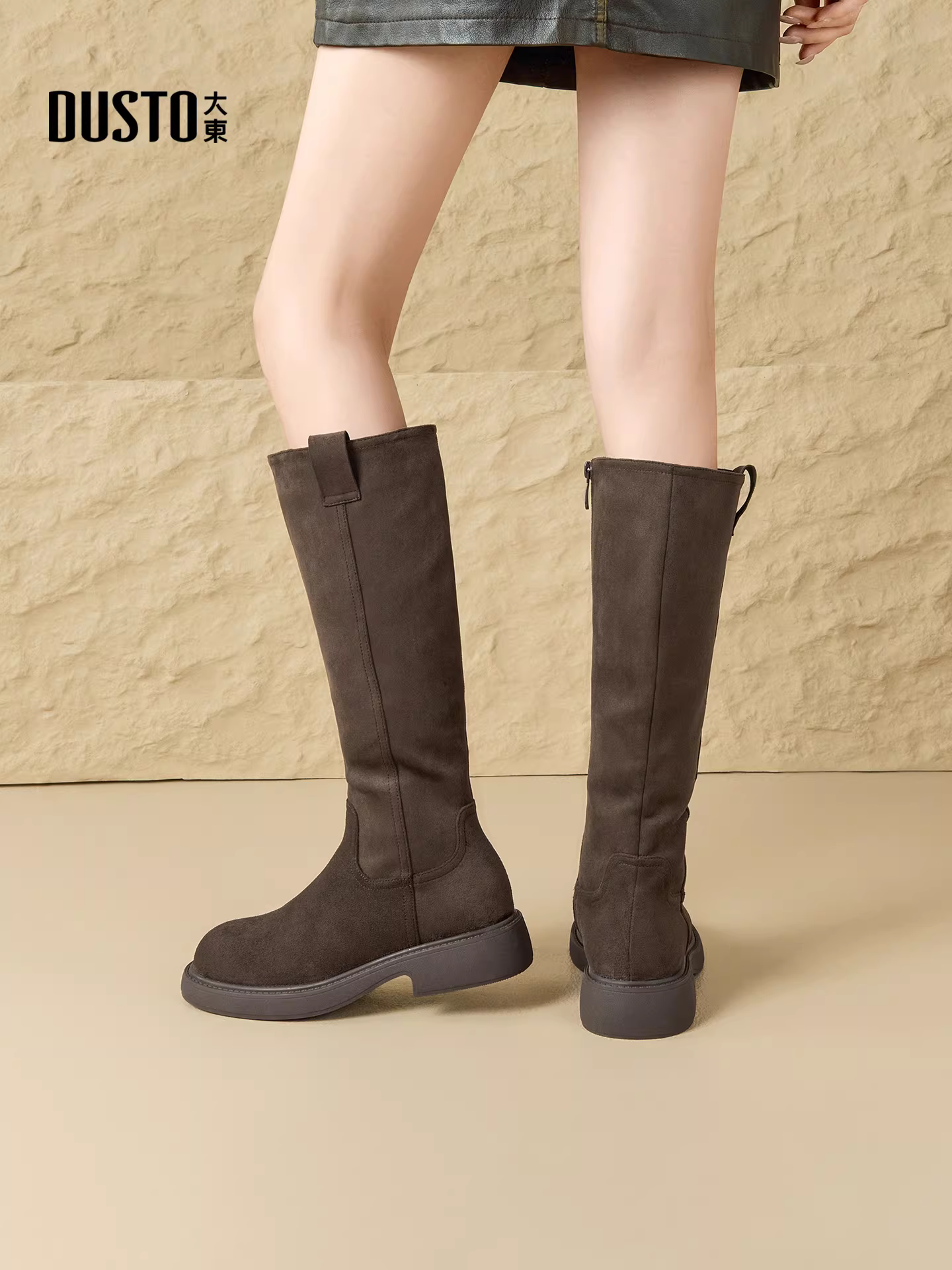 Giày bốt cao đến đùi Dadong dành cho nữ, mẫu mới mùa đông 2025, đế dày, gót chunky, kiểu retro, lót lông cừu, màu xám, kiểu bốt cưỡi ngựa