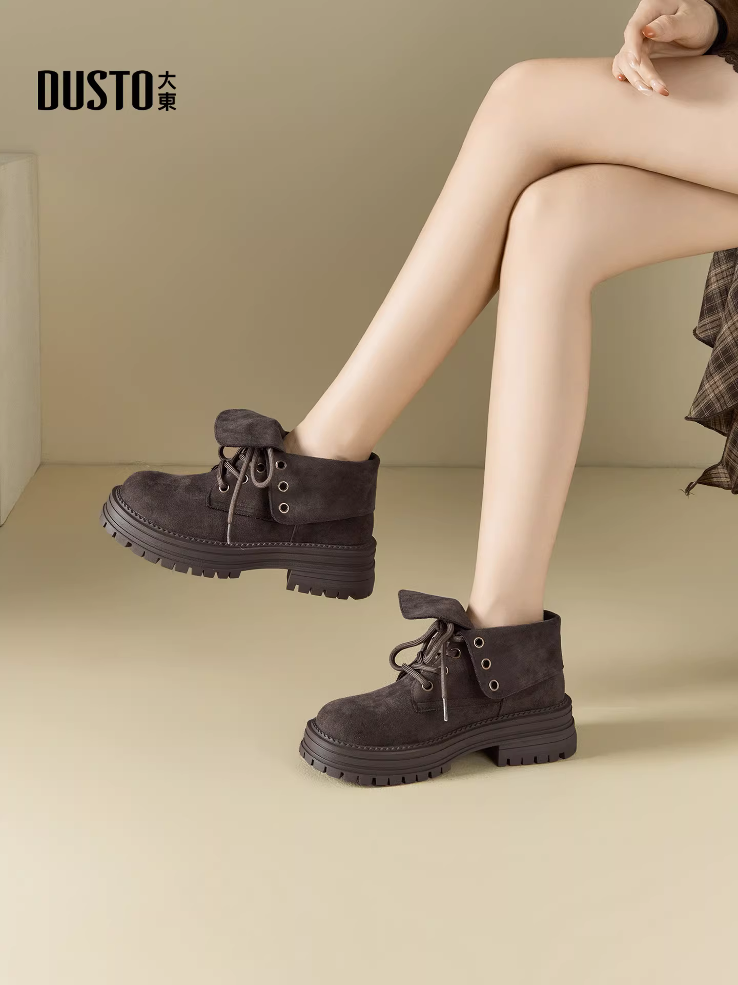 Giày bốt Martin đế dày màu nâu Dadong dành cho nữ 2025, mẫu mới thu đông, giày bảo hộ lao động, giày bốt buộc dây, giày bốt ngắn Melard