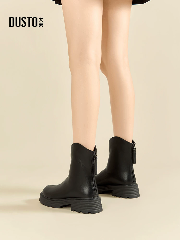 Giày bốt cổ ngắn đế dày nữ, kiểu mới thu đông 2025, lót lông cừu, kiểu Chelsea, phong cách Pháp, kiểu ôm sát.