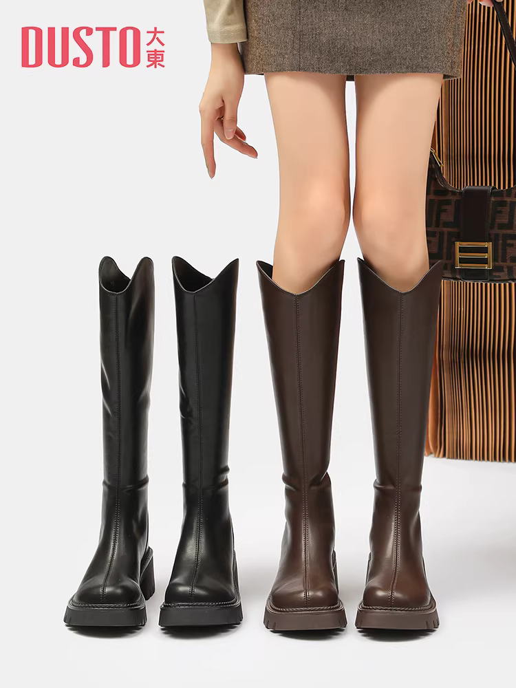 Giày bốt đen dài Dadong dành cho nữ 2025, mẫu mới thu đông, đế dày, bốt cao cổ dành cho nữ nhỏ nhắn, bốt cổ chữ V, bốt cưỡi ngựa nữ