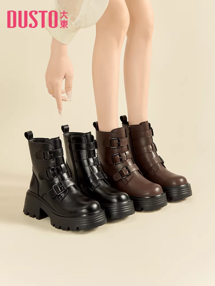 Giày bốt Martin đế xuồng chunky Dadong dành cho nữ, mẫu mới thu đông 2025, màu đen, phong cách Anh, kiểu ngắn, có khóa thắt lưng, kiểu biker.