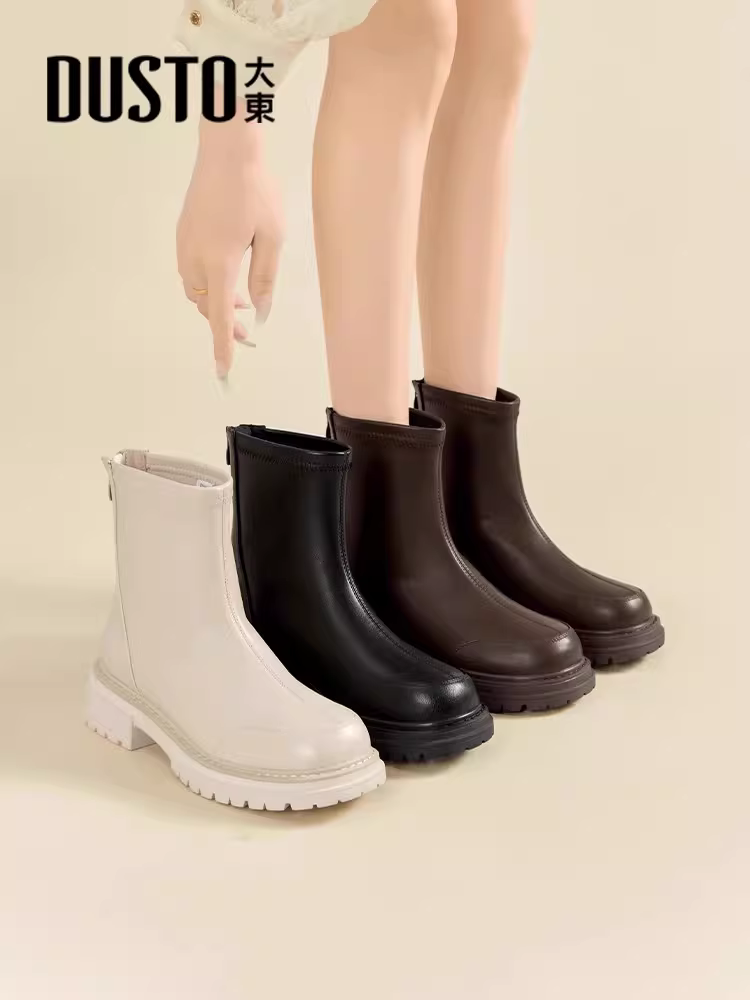 Giày bốt đế dày màu đen Dadong dành cho nữ 2025 giày bốt thời trang thu đông mới kiểu cổ điển Giày bốt Martin kiểu Pháp Giày bốt dáng ôm