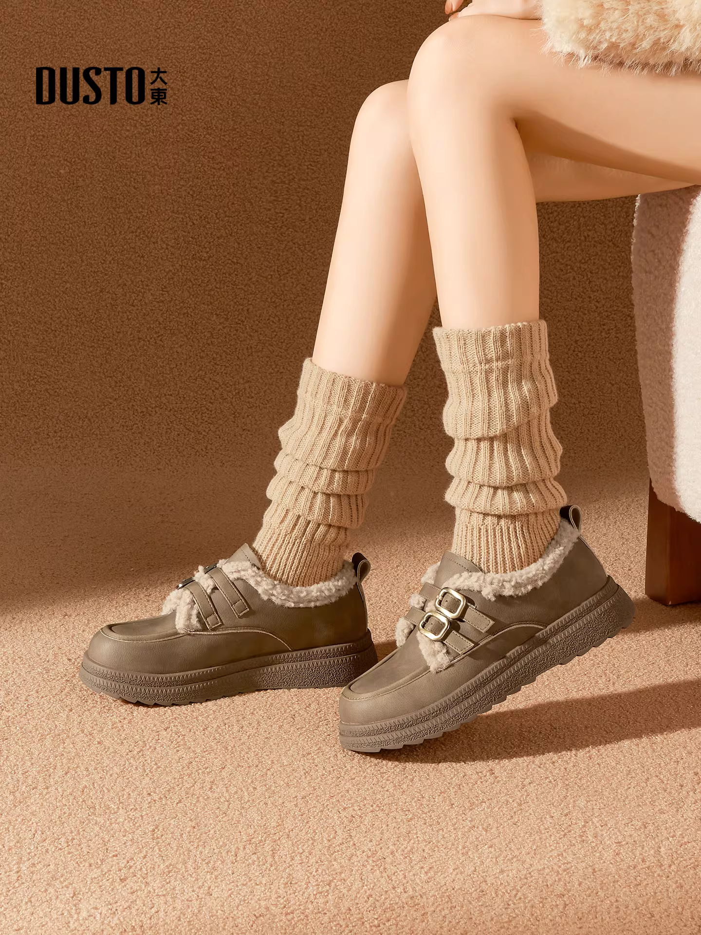 Giày bốt mùa đông Dadong Brown Birkenstock dành cho nữ 2025, kiểu mới, lót lông cừu giữ ấm, cổ thấp, chất liệu cotton, đế dày, lông xù
