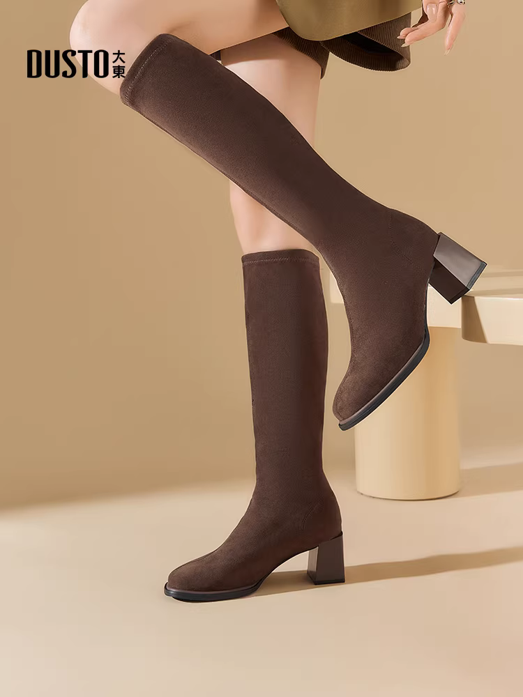 Giày bốt cao cổ đen Dadong dành cho nữ, mẫu mới thu đông 2025, giày cao gót đế thô, giày bốt nữ dáng thon, giày bốt cao cổ