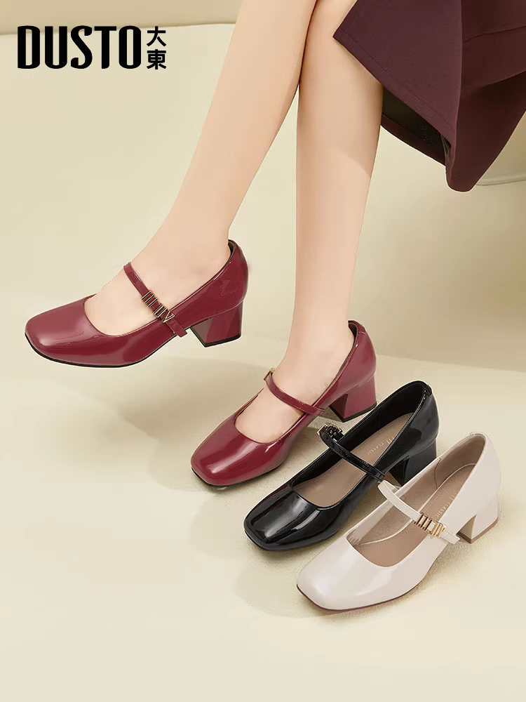 Giày cao gót đế thô Dadong màu đen dành cho nữ, kiểu Pháp mùa thu mới 2025, kiểu Mary Jane, mũi vuông, giày đơn giản.