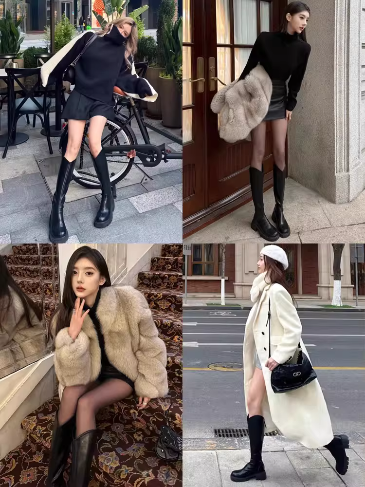 Bốt nữ cao cổ mùa thu đông 2025 kiểu dáng châu Âu, bốt thời trang có lót lông dành cho nữ nhỏ nhắn, bốt cao cổ đi xe