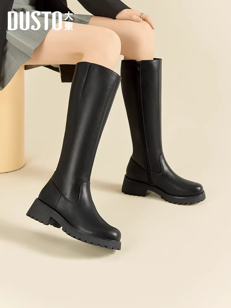 Giày bốt cao cổ đế dày gót thô Dadong dành cho nữ, mẫu mới thu đông 2025, màu đen, kiểu dáng cao cổ, thích hợp cho người thấp.