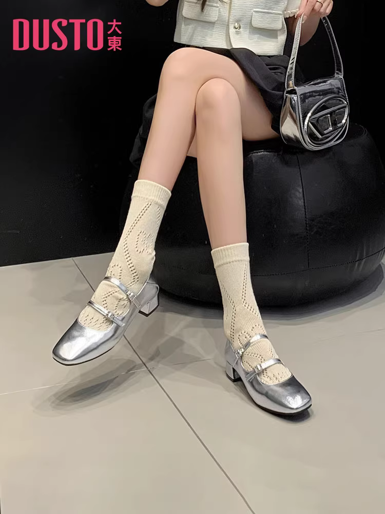 Giày Mary Jane bạc Dadong dành cho nữ 2025, giày nữ mùa thu mới, giày cao gót đế thô, gót trung bình, giày đơn giản, đa năng, giày da nhỏ