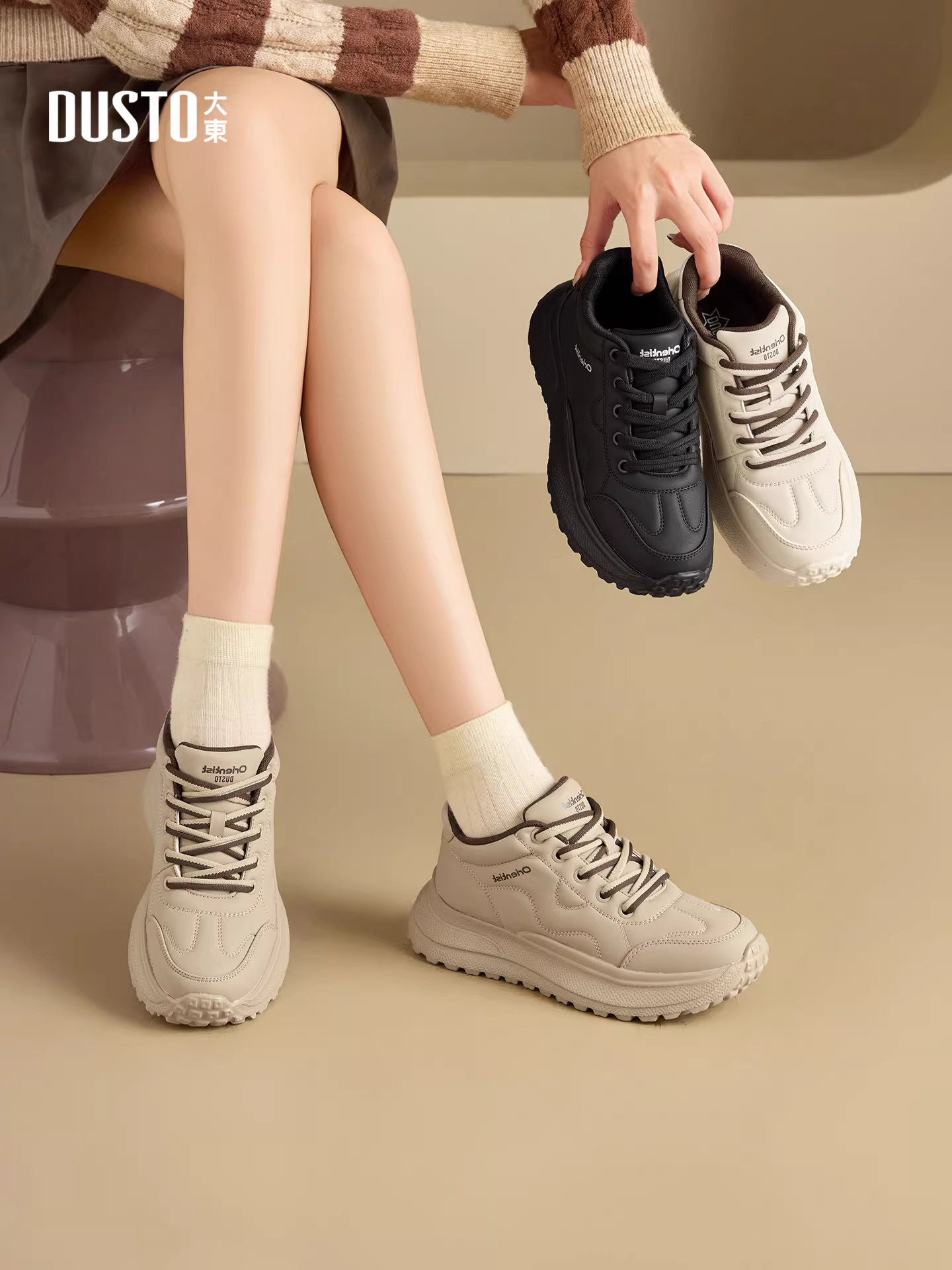 Giày thể thao nữ Dadong 2025 kiểu dáng mới thời trang thu đông đa năng nhẹ nhàng đế dày màu trắng