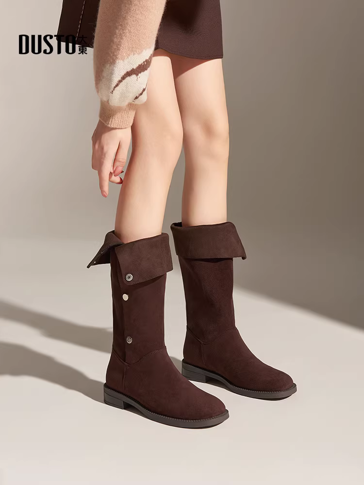 Giày bốt giảm béo Dadong dành cho nữ, kiểu mới thu đông 2025, bốt da lộn dài trên đầu gối, bốt nữ ống rộng, bốt cao.