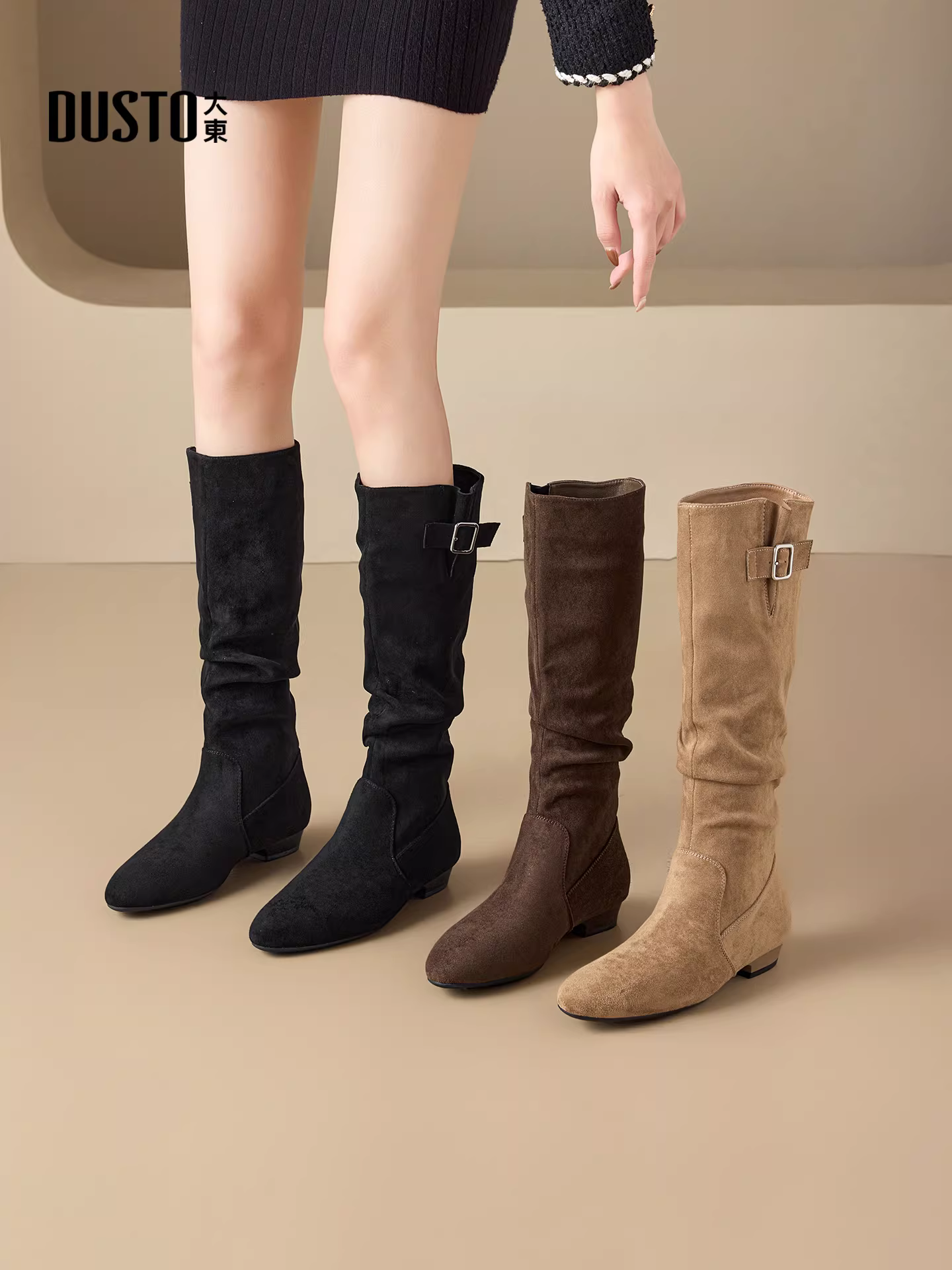 Giày bốt mũi nhọn dài Dadong dành cho nữ 2025, mẫu mới thu đông, kiểu Melard, bốt cao bồi kiểu Tây, bốt lười, bốt da lộn dài