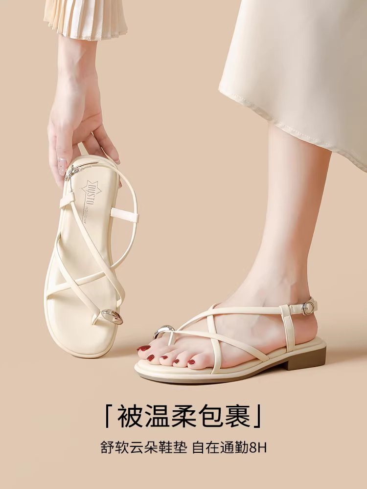 Dép sandal thiết kế đế thấp Dadong dành cho nữ, mẫu mới hè 2025, thời trang, phối chân váy, kiểu dáng độc đáo, quai mảnh, giày La Mã.