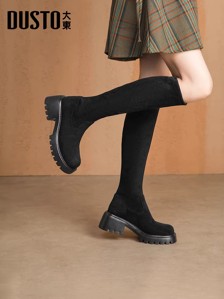 Giày bốt thon gọn Dadong dành cho nữ, mẫu mới thu đông 2025, gót dày, bốt cao cổ, đế dày, bốt đen dài.