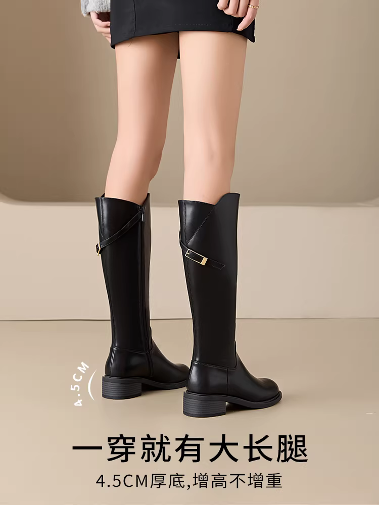 Giày bốt dài màu đen Dadong dành cho nữ 2025, mẫu mới thu đông, lót lông cừu, kiểu dáng ôm sát, cổ cao, kiểu dáng đi xe, bốt dài