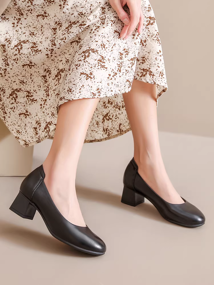 Giày cao gót đế thô Dadong dành cho nữ, mẫu mới thu đông 2025, màu đen, kiểu lười, đi làm, bền, êm, đế mềm.