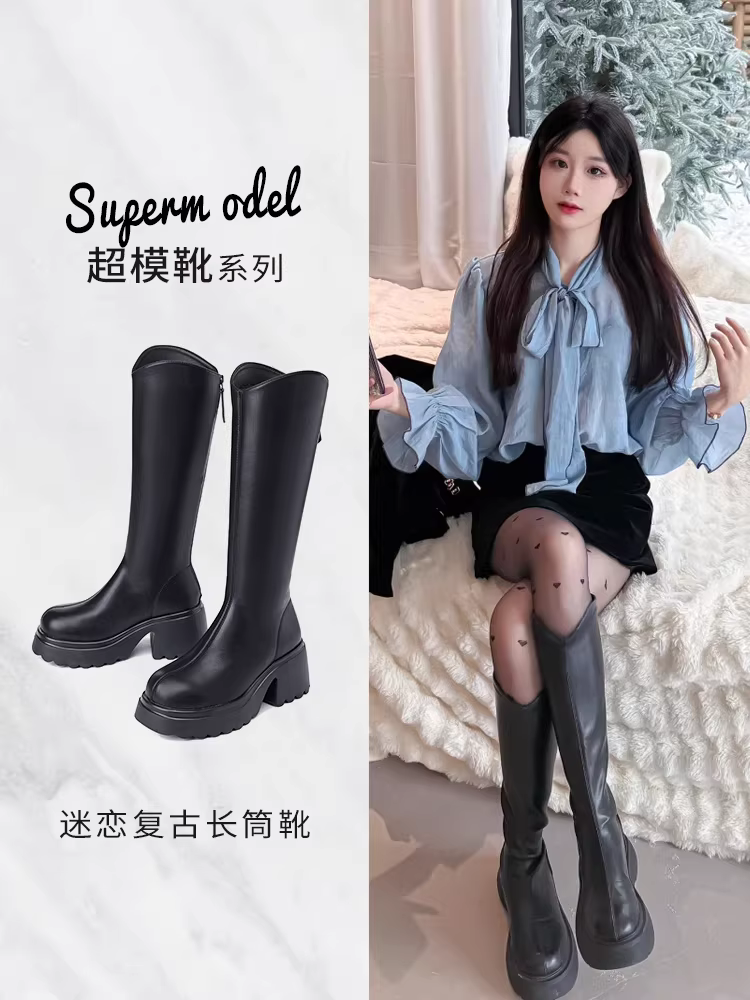 Giày bốt nữ Dadong đế dày bốt dài nữ kiểu mới 2025 bốt lót lông cừu mùa thu đông bốt cao cổ đi xe bốt dài nhỏ nhắn