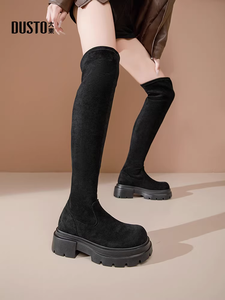 Giày bốt cao quá gối Dadong dành cho nữ 2025, mẫu mới thu đông, kiểu ôm sát, chất liệu da lộn, đế dày, dành cho người nhỏ nhắn.