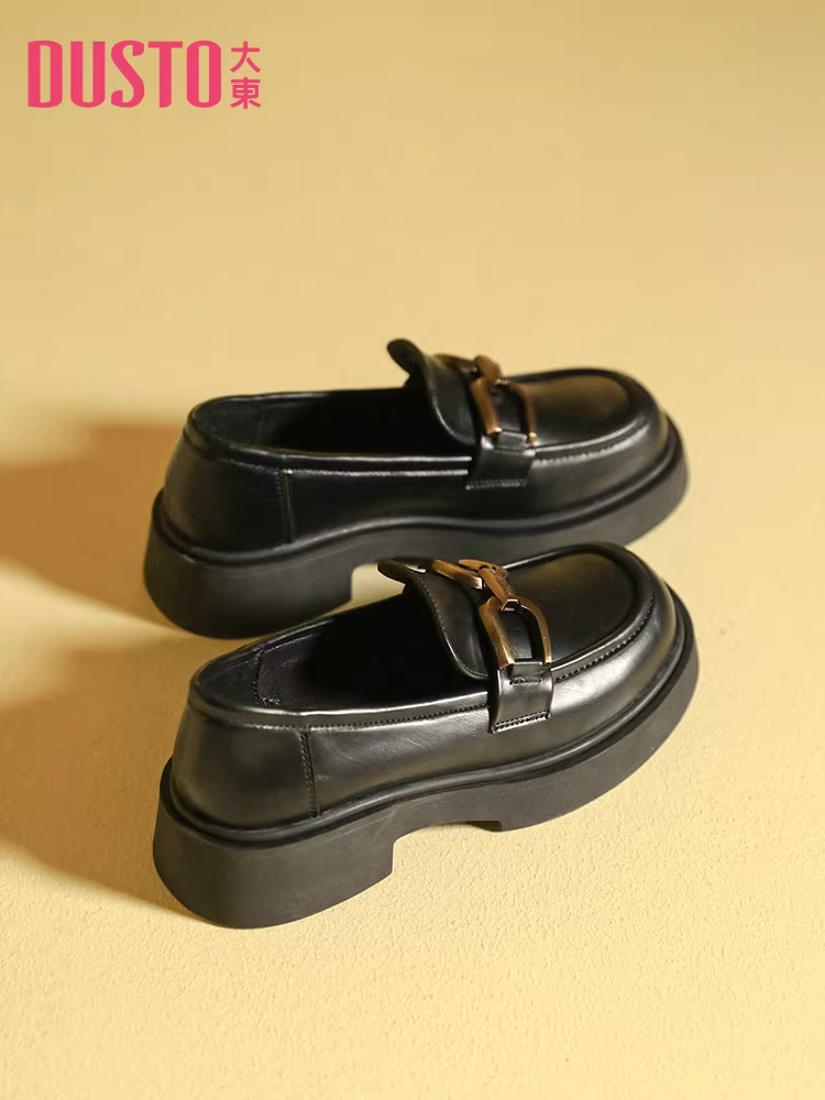 Giày lười nữ đế dày gót vuông, giày đen mới mùa thu đông 2025, giày nữ đơn giản, giày da nhỏ kiểu Anh.