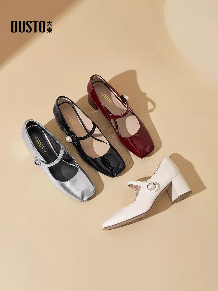 Giày nữ Dadong bạc, kiểu mới thu đông 2025, mũi vuông, gót thô, kiểu Mary Jane, phối chân váy, giày da nhỏ, giày cao gót nữ.