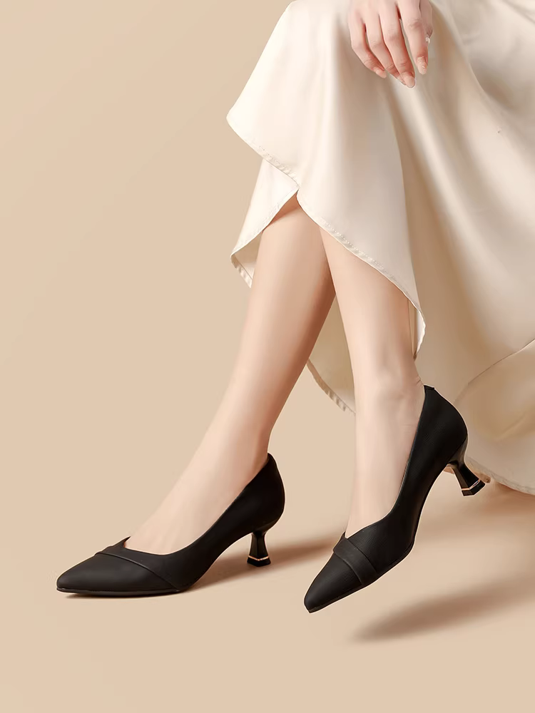 Giày cao gót mũi nhọn Dadong thanh lịch dành cho nữ, mẫu mới thu 2025, màu đen, giày công sở, giày đi làm, giày đơn giản.