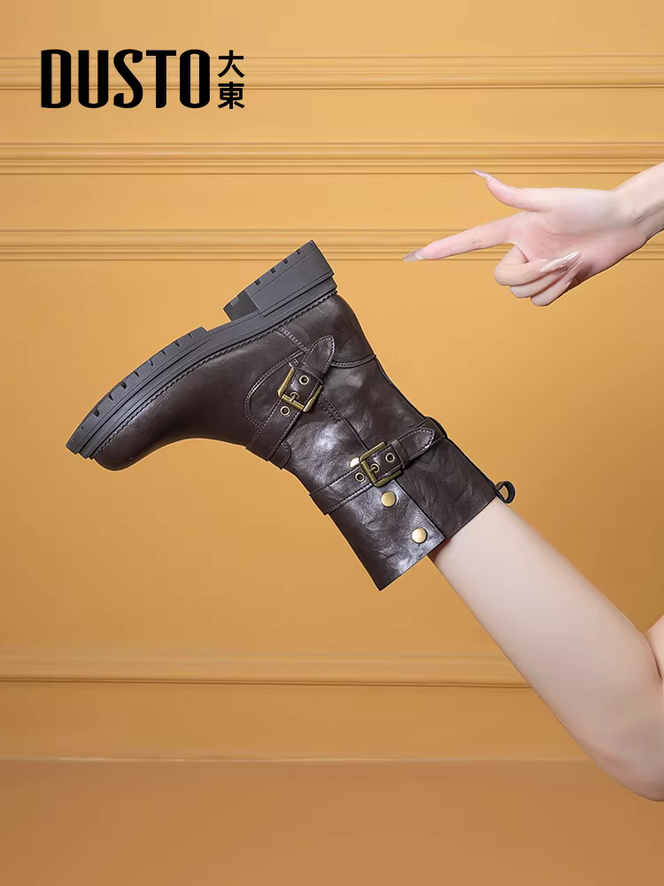 Giày bốt nữ cao đến giữa bắp chân, kiểu mới thu đông 2025, màu đen, đế dày, gót thô, kiểu Martin, kiểu ôm sát, kiểu đi cưỡi ngựa.