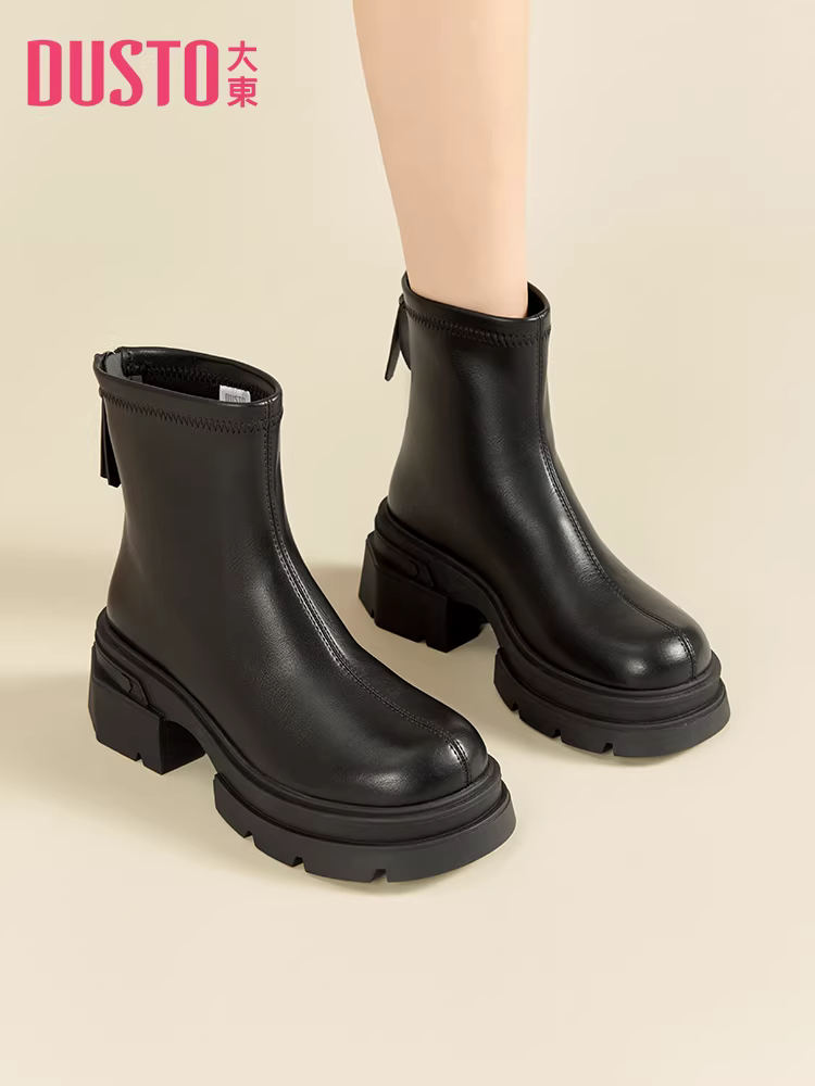 Giày bốt ngắn màu đen Dadong dành cho nữ 2025, mẫu mới thu đông, đế dày tăng chiều cao, kiểu Chelsea, gót dày, dáng ôm, phong cách nữ tính