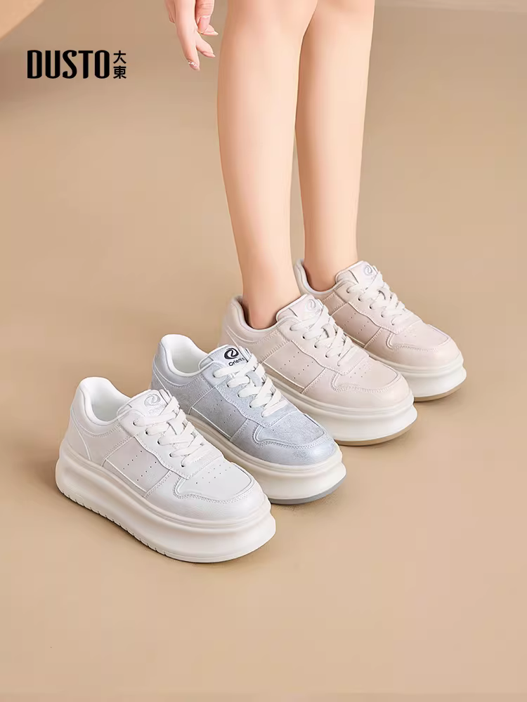 Giày thể thao nữ đế dày màu trắng phối chân váy, giày thể thao trắng mùa thu đông 2025 mới, giày thể thao, giày tăng chiều cao
