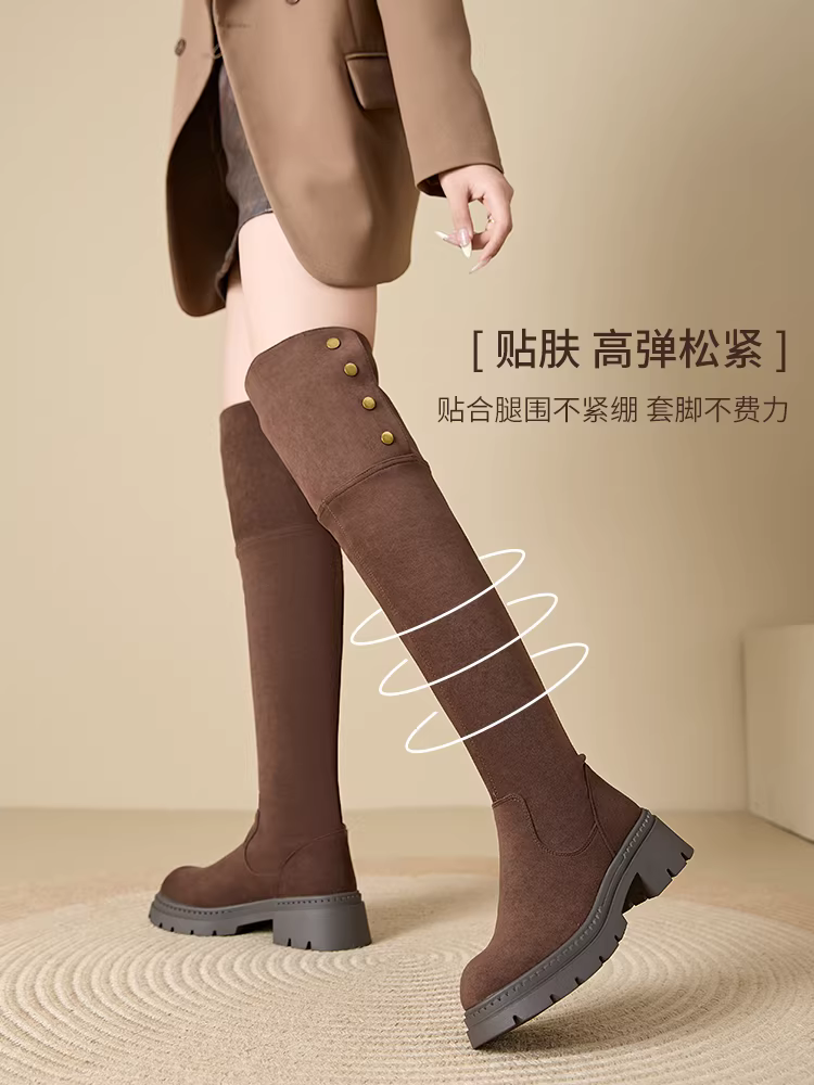 Bốt cao quá gối Dadong dành cho nữ, mẫu mới thu đông 2025, kiểu dáng ôm sát, đế dày, chất liệu da lộn, bốt cao cổ, bốt đi xe.