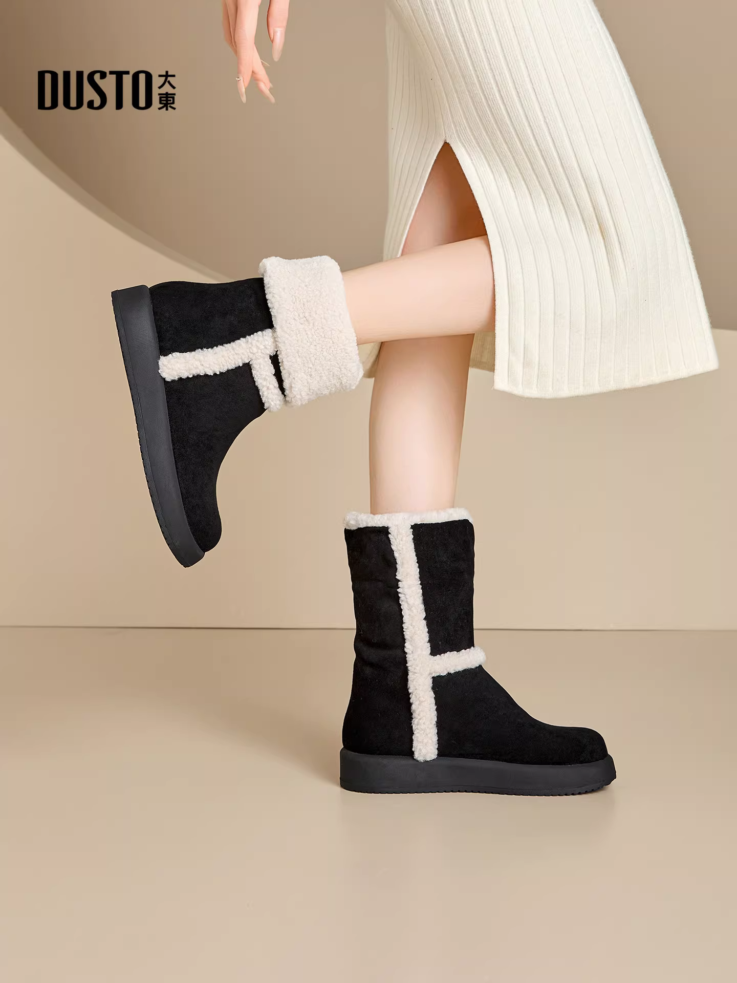 Giày bốt nữ cao đến giữa bắp chân mùa đông 2025, kiểu dáng mới, đế dày, lót bông giữ ấm, kiểu dáng có thể biến đổi.