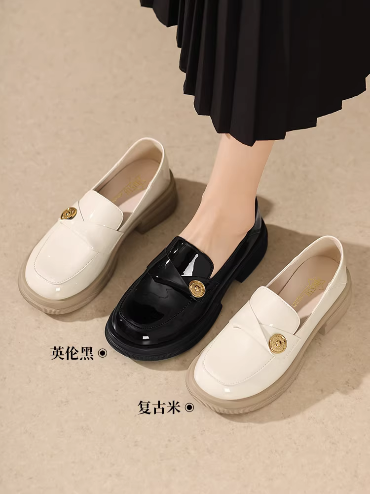 Giày lười da đen Dadong dành cho nữ 2025 kiểu mới mùa thu đế dày mũi tròn phong cách Anh giày da nhỏ giày da bóng giày đơn