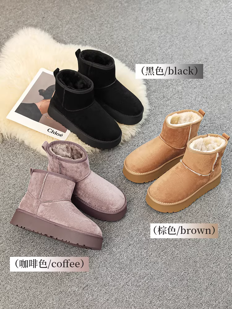 Giày bốt nữ đế dày đi mùa đông, lót lông cừu và dày dặn, mẫu mới 2025, chống trơn trượt, giữ ấm, kiểu ngắn.