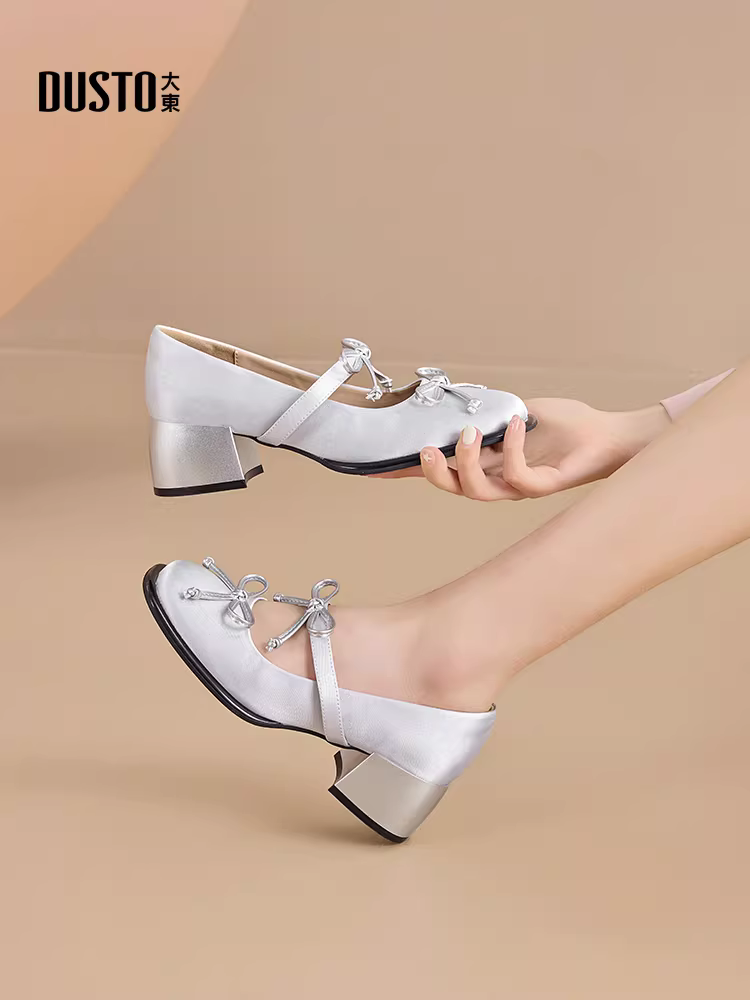 Giày nữ Dada Dongfang 2025 kiểu mới mùa thu, thiết kế nơ phối chân váy, gót cao chunky, giày Mary Jane kiểu Pháp