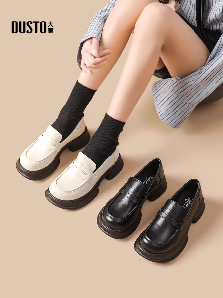 Giày lười trắng Dadong dành cho nữ 2025, mẫu mới thu đông, đế dày tăng chiều cao, kiểu Pháp Hepburn, mũi tròn, giày da nhỏ nhắn