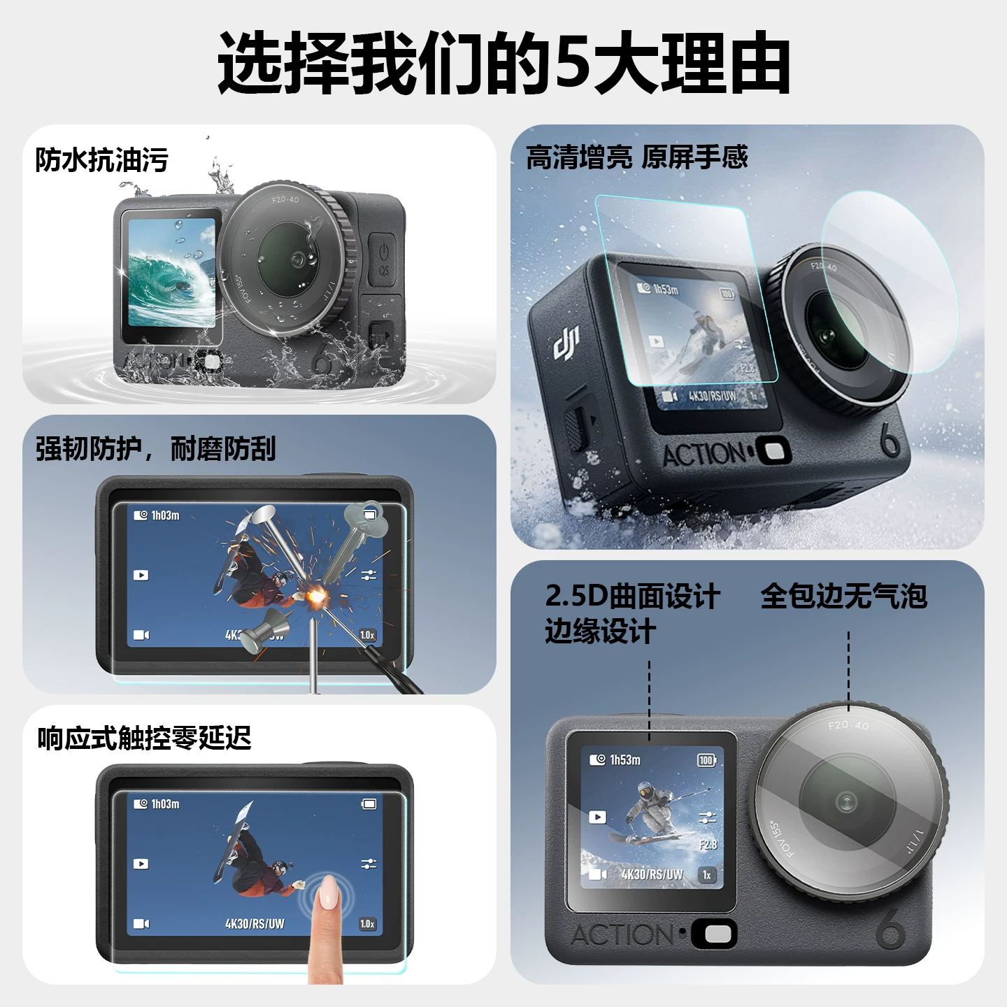 Miếng dán bảo vệ màn hình Minifocus cho DJI Osmo Action6/5pro, thích hợp cho máy ảnh thể thao, màn hình trước và sau, phim chống trầy xước và chống cháy nổ độ nét cao, phim chống phản chiếu AR.