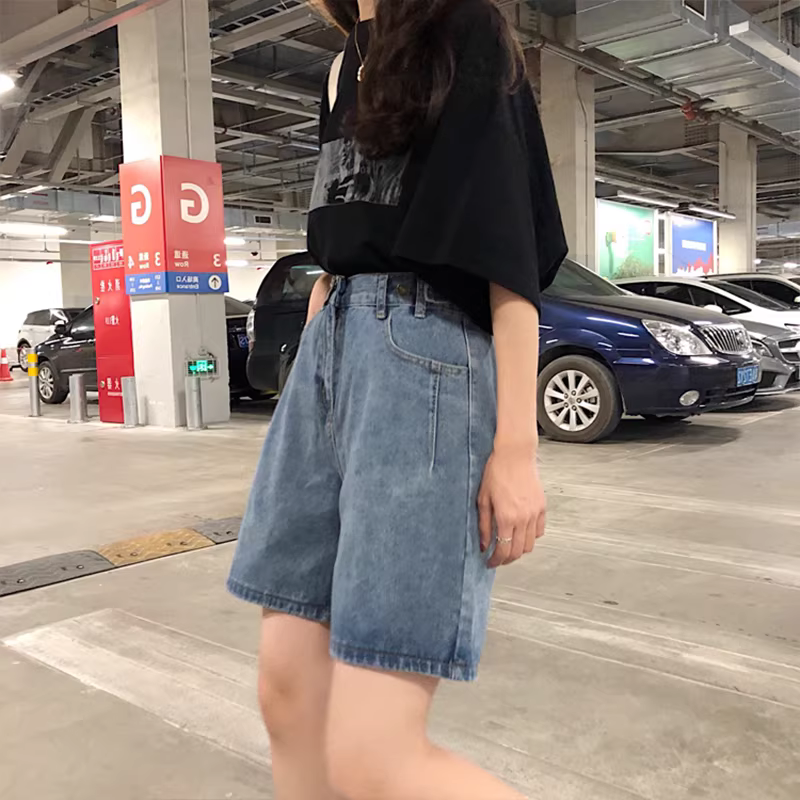 Quần short denim nữ cỡ lớn hình quả lê, kiểu dáng mùa hè mới, cạp cao, dáng rộng, ống thẳng, quần ống rộng, quần dài vừa vặn giúp thon gọn.