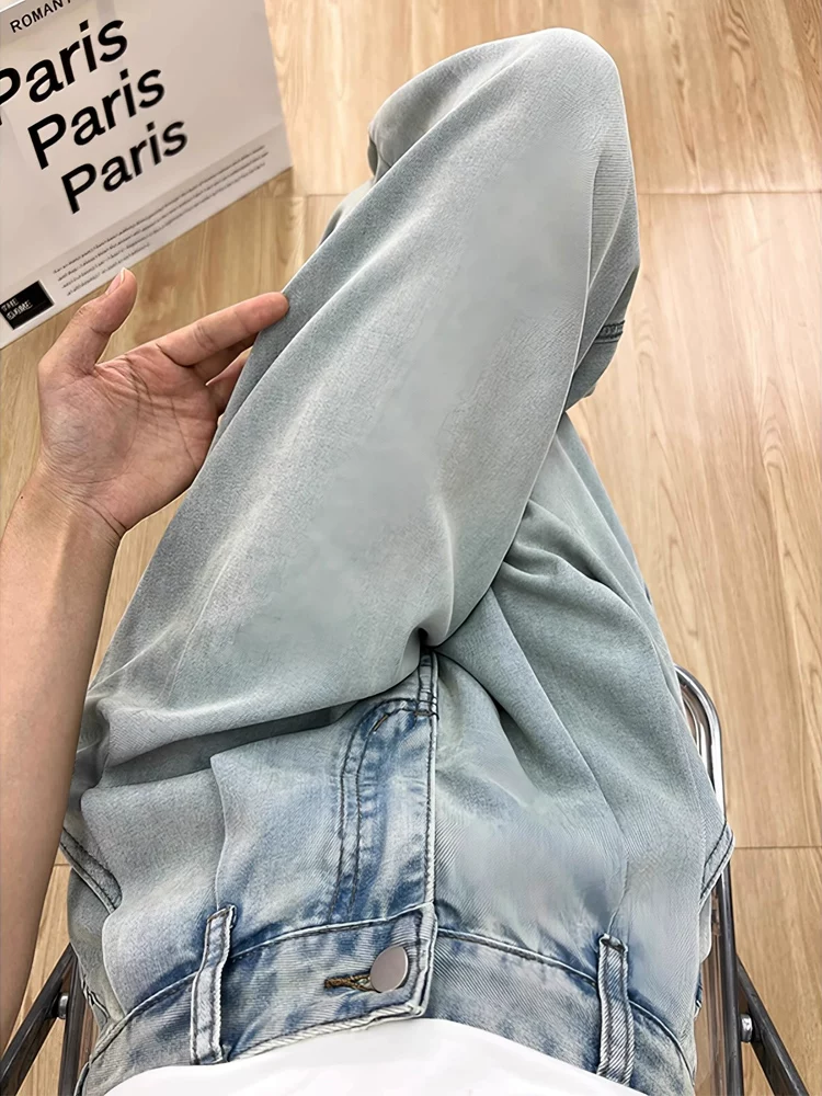 Quần jean ống rộng màu xanh nhạt bằng vải lụa băng dành cho nữ, kiểu dáng mỏng mùa hè, cỡ lớn, lưng cao, mềm mại, tôn dáng, ống thẳng, quần dài chạm sàn