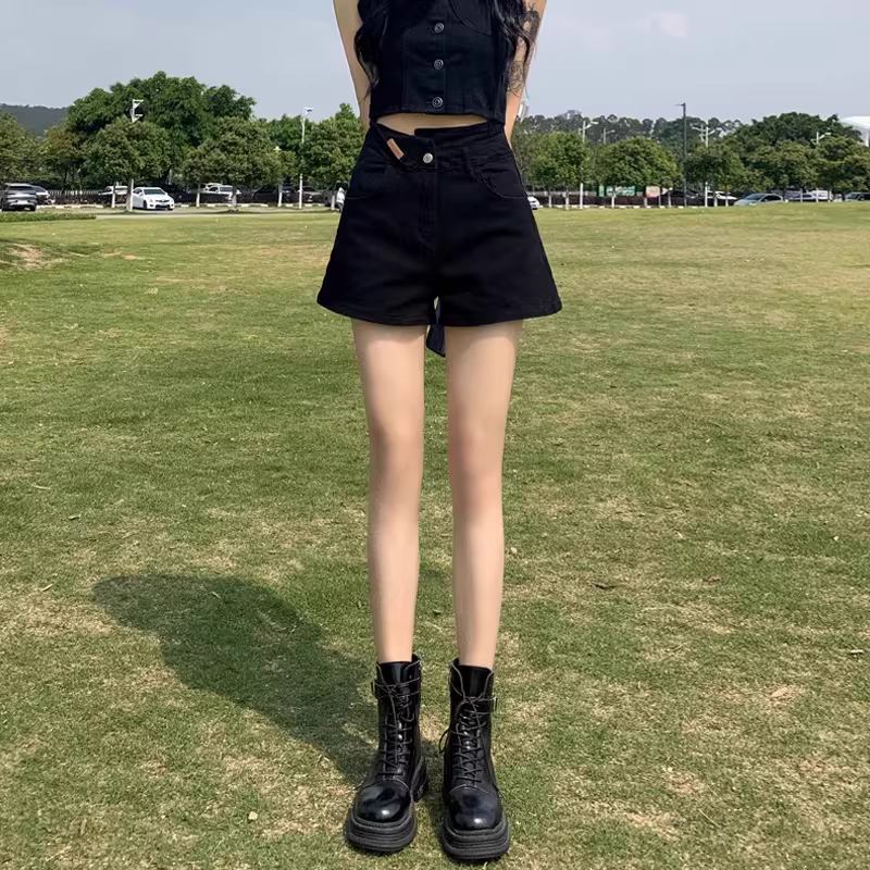 Quần short denim chữ A lưng cao màu đen dành cho nữ, size lớn mùa hè, dáng rộng, che hông, giảm béo, quần hot girl