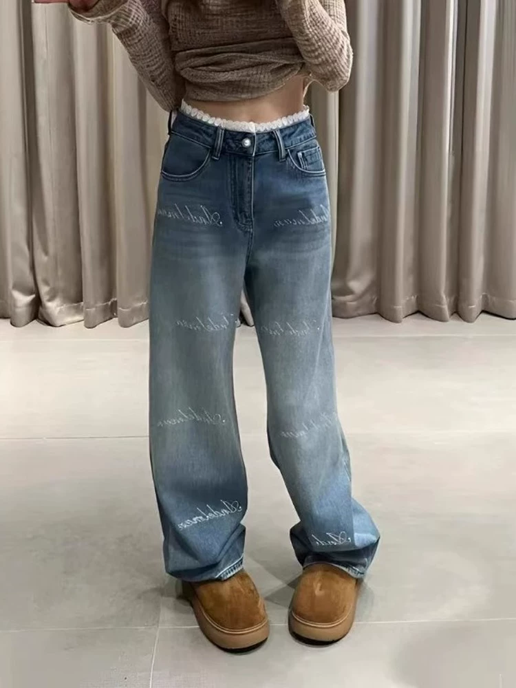 Quần jean ống đứng thêu chắp vá dành cho nữ, kiểu dáng mùa xuân mới, size lớn, cạp cao, che hông, quần ống rộng tôn dáng.