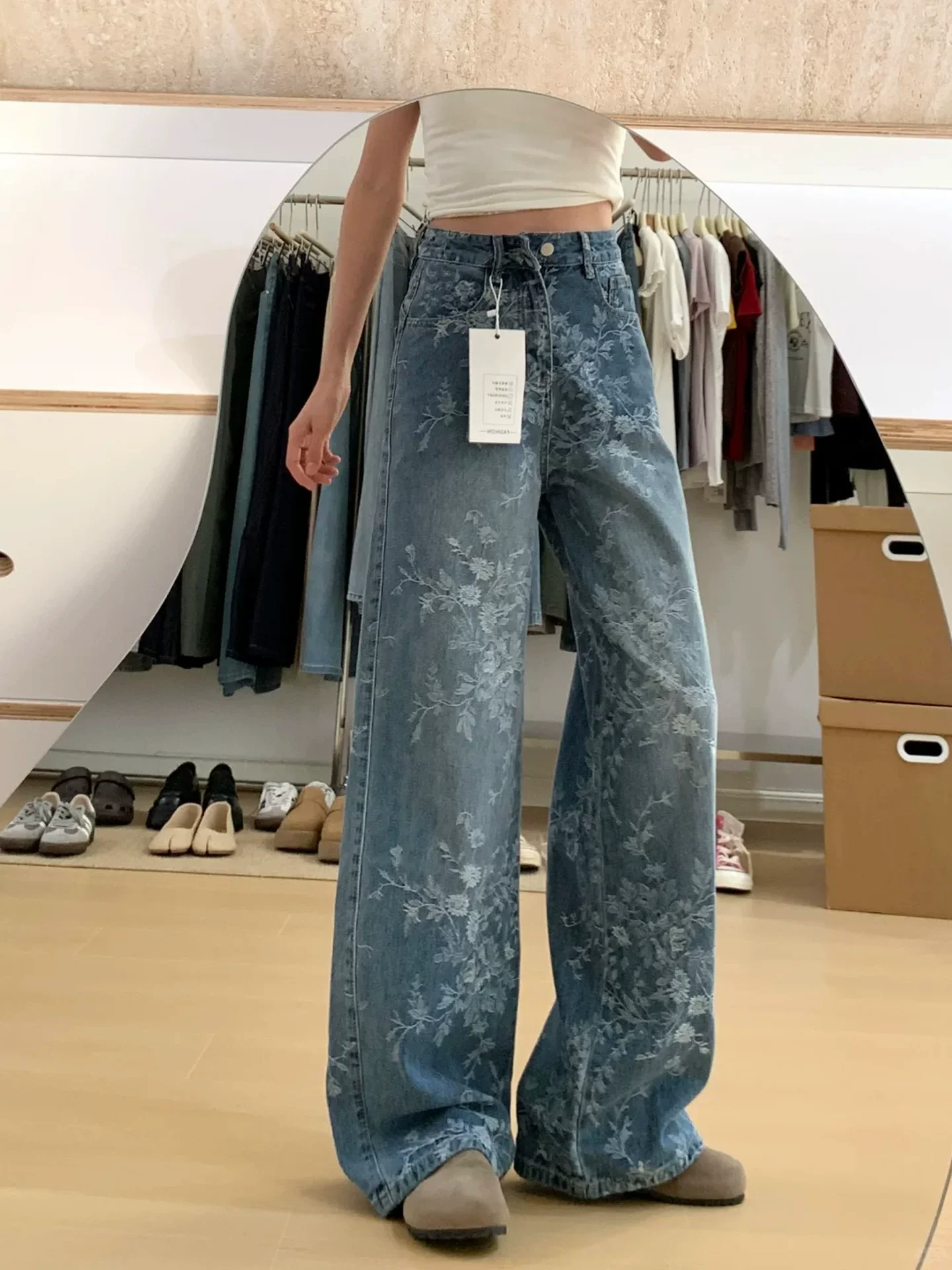 Quần jean ống rộng jacquard cổ điển dành cho nữ, phong cách mùa thu mới, cỡ lớn, lưng cao, dáng rộng, mềm mại, ống thẳng, dài chạm sàn