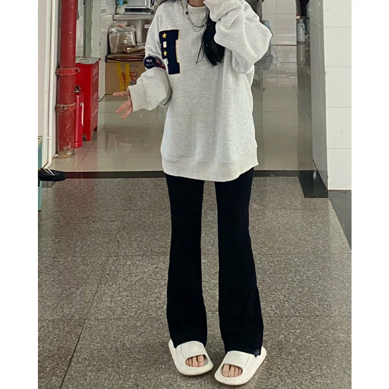 Quần jean ống thẳng dáng quả lê dành cho nữ, mặc đầu thu, cỡ lớn, lưng cao, che hông, giảm béo, co giãn, quần hơi loe, hợp thời trang.