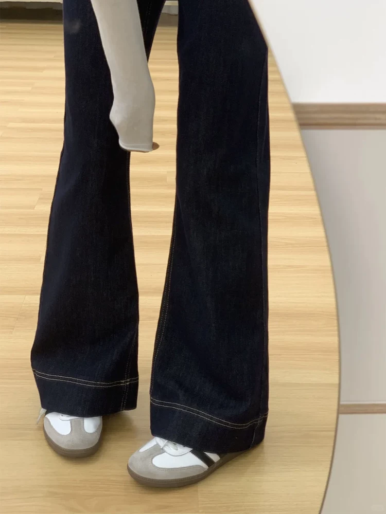 Quần jean xanh denim dáng loe nữ thu đông 2025, size lớn, cạp cao, co giãn, tôn dáng, ống đứng, kiểu chuông