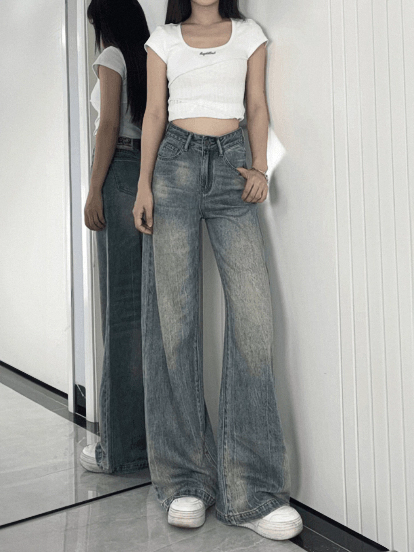 Quần jean ống thẳng kiểu Mỹ cổ điển dành cho nữ, phong cách mùa thu mới, cỡ lớn, lưng cao, dáng rộng, tôn dáng, phong cách lười biếng, quần ống rộng.
