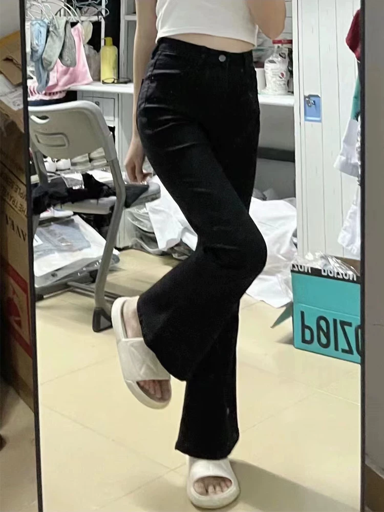Quần jean ống đứng dáng loe nhỏ nhắn dành cho nữ, kiểu dáng mùa thu mới, cỡ lớn, cạp cao, co giãn, che hông, quần ống chuông tôn dáng.